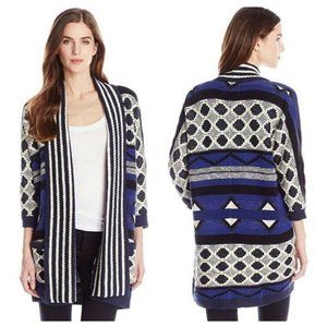 Lucky Brand Intarsia Tribal Print Longline Cardigan 7W50931 Size XS/S Blue